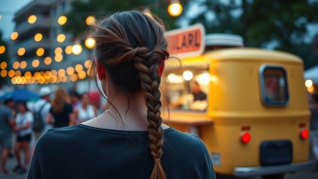 Woman standing by pastel yellow food truck at festival photo