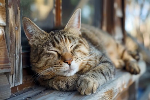 tabby cat peacefully curled up on rustic porch, enjoying warm sunlight. Its relaxed expression and cozy position create serene atmosphere photo
