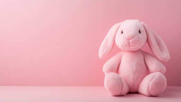 Cute pink bunny plush toy sitting against a soft pink background in a whimsical setting photo