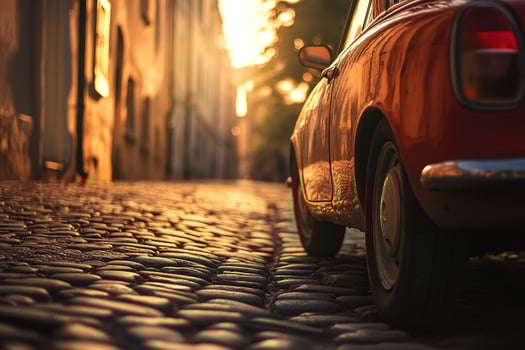 close-up car parked on a cobblestone historic street blurred background with golden hour lighting at sunset photo