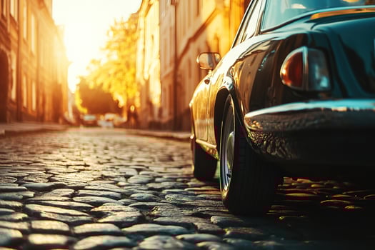 close-up car parked on a cobblestone historic street blurred background at sunset or sunrise photo