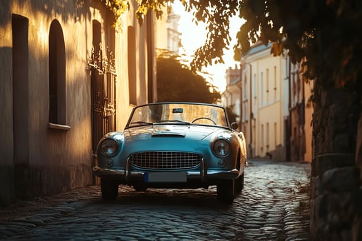 beautiful quiet city street with retro vintage car parked on a cobblestone at sunset photo