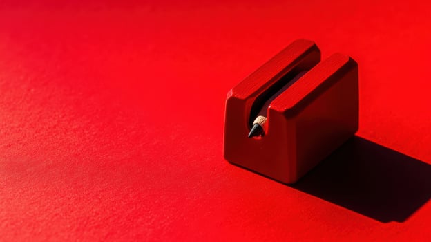 Bright red pencil sharpener resting on a vivid red surface with a strong shadow photo