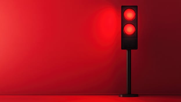 Red traffic light standing alone against a solid red wall in an urban setting at night photo