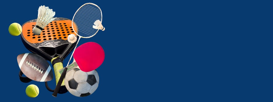 Set of different sports equipment on background, space for text photo
