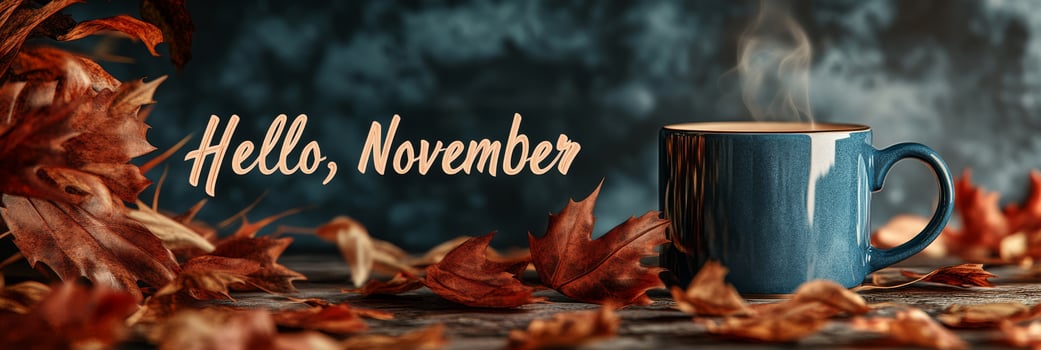 As we warmly welcome the month of November, let us enjoy coffee alongside autumn leaves photo