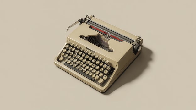An old typewriter is shown on a light gray background photo