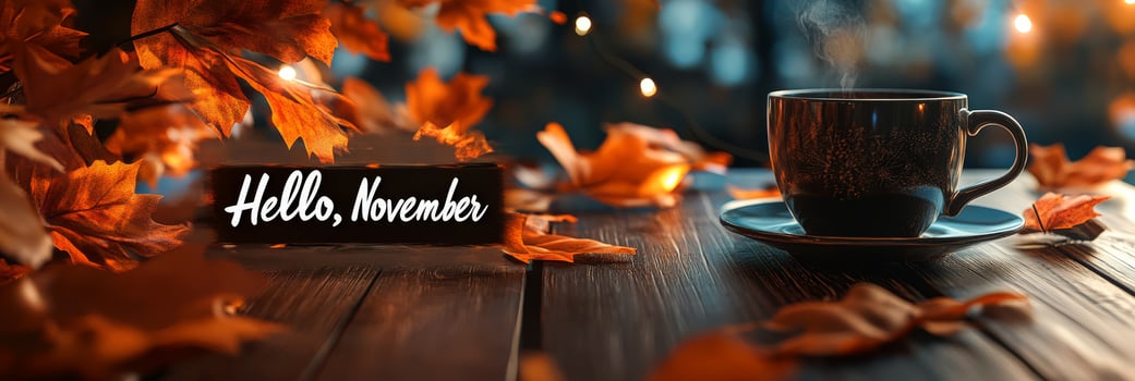 Embrace Cozy November Coffee Vibes Surrounded by Colorful Autumn Leaves and Comforting Atmospheres photo