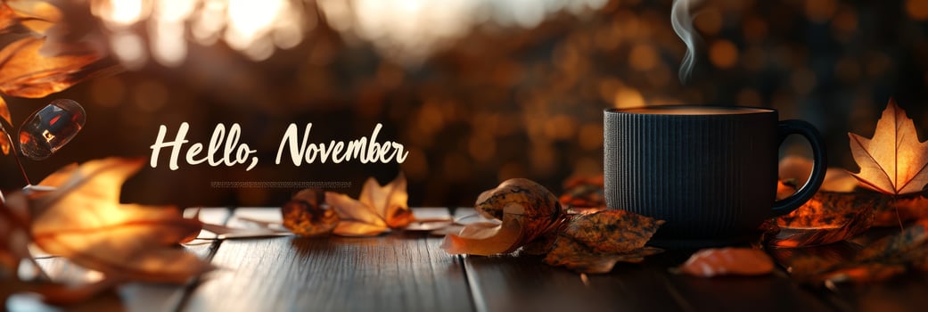 Hello November Embracing Cozy Autumn Vibes with a Cup of Coffee and Colorful Leaves photo