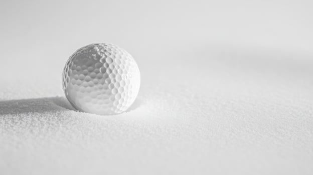 Golf ball resting on a sandy surface with soft shadows in the background photo