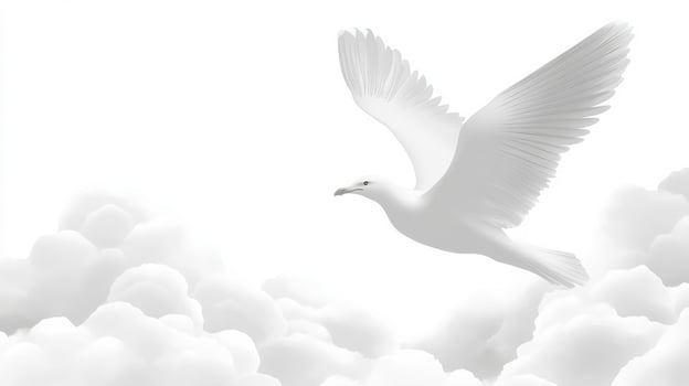 White bird soaring gracefully through fluffy clouds under bright sky photo