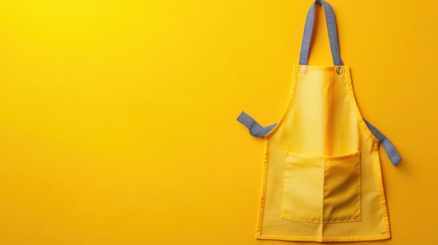 Bright yellow apron hangs against a vibrant yellow background in a creative kitchen setting photo