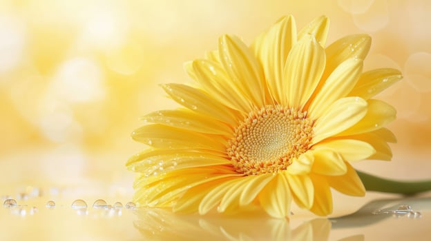 Bright yellow flower rests on a soft surface with droplets of water glistening in the light during a serene and calm morning photo