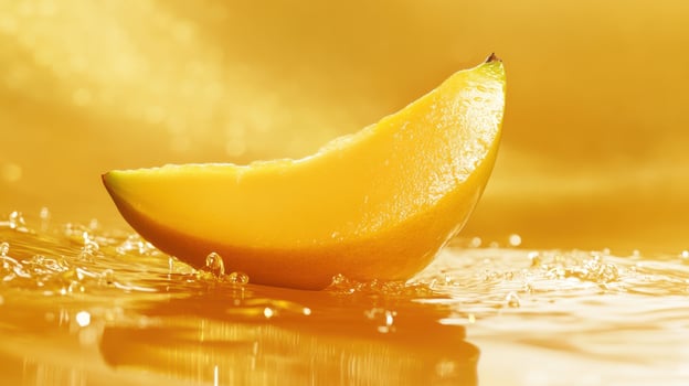 Fresh lemon slice floats on a shimmering surface creating a refreshing golden ambiance photo