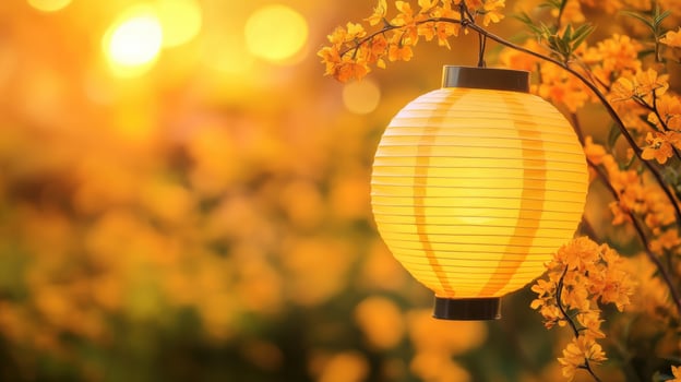 Lantern glowing softly amidst vibrant yellow flowers in a serene garden at sunset photo