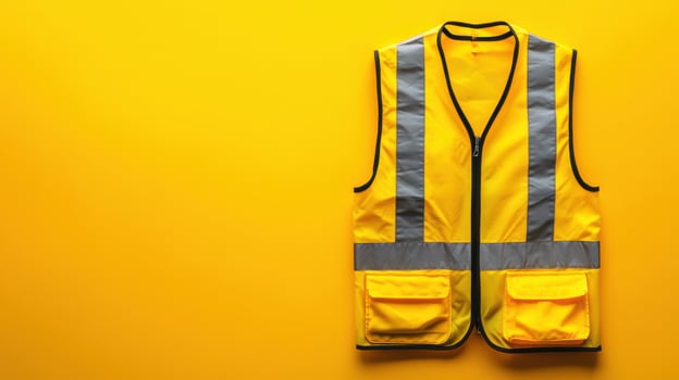 Bright safety vest hanging against a vibrant yellow background for visibility and protection in various settings photo