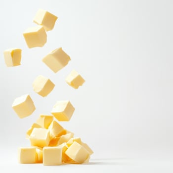 Creamy butter cubes falling on white background, creating soft lit kitchen scene photo