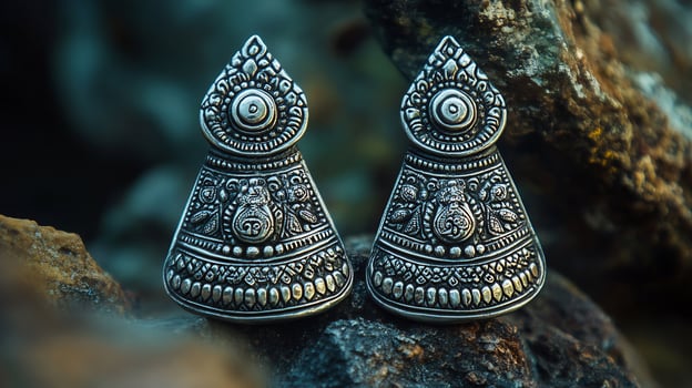 Pair of 'Peruvian' silver earrings featuring intricate designs traditional motifs worn by women in Peru symbolizing their connection to the land and cultural heritage photo