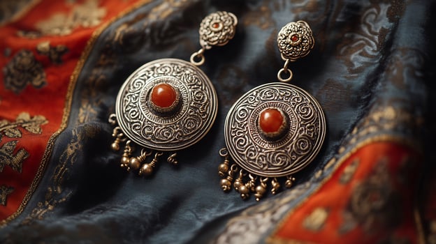 Pair of 'Mongolian' silver earrings featuring intricate designs traditional motifs worn by women in Mongolia symbolizing their connection to the land and cultural heritage photo
