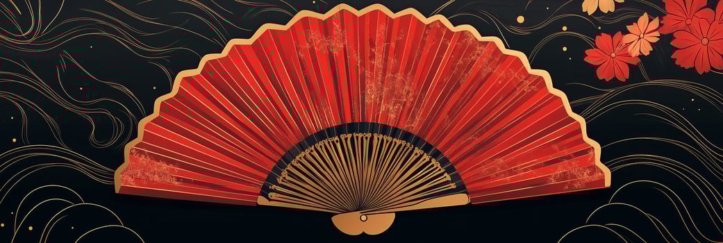 Minimalist flat design illustration of a traditional red and gold decorative fan with intricate floral motifs on a dark background photo