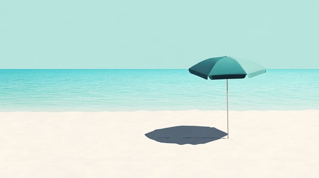 Minimalist beach umbrella cast shadow on serene sandy shore with calm blue sea and clear sky photo