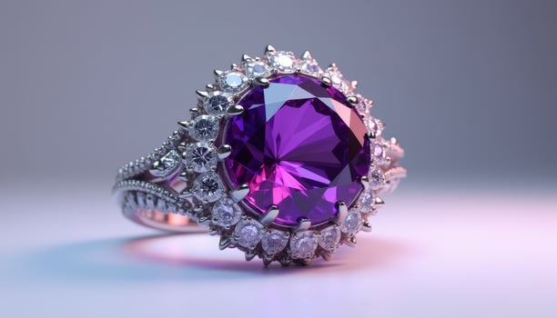 Elegant purple gemstone ring with intricate design and sparkling details photo