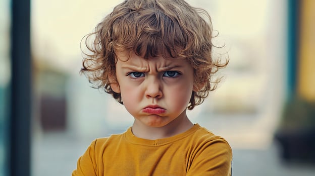 Young boy pouting in orange shirt, curly-haired mood. photo