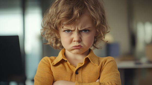 Curly-haired boy, expression of anger indoors setting photo