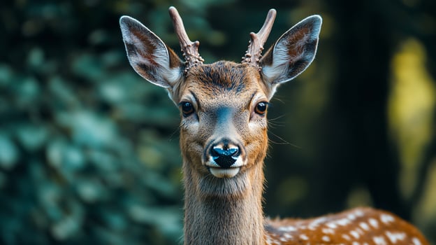 Close-up shot of a young deer with small antlers. photo