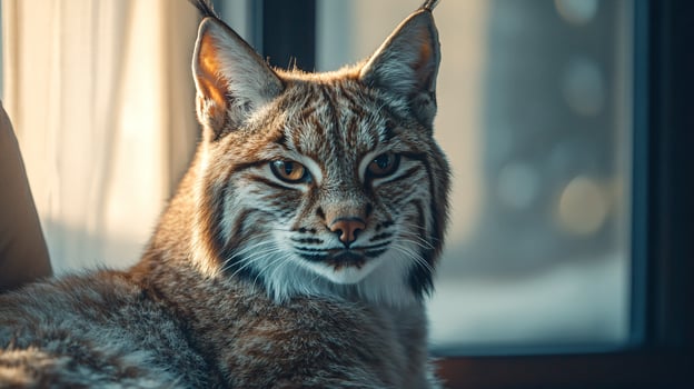 Eurasian lynx lounging in soft indoor light ambiance photo