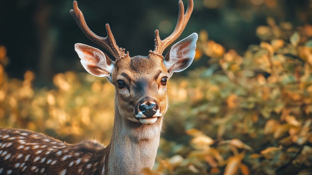 Deer with antlers in a forest setting, gentle gaze photo
