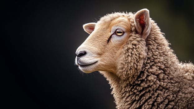 Calm sheep gazing sideways in serene natural scene photo