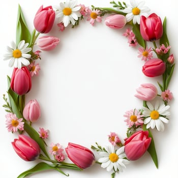 Colorful floral arrangement showcasing pink tulips and white daisies in a decorative border photo