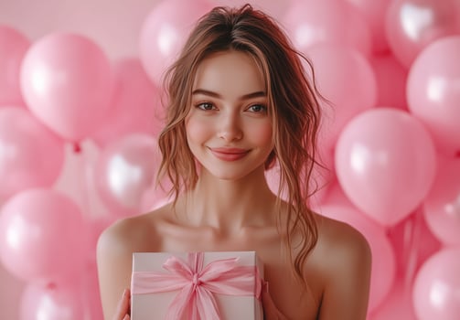 Smiling woman holding gift box in front of pink balloons during celebration photo
