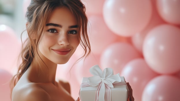 Young woman joyfully holding a gift in front of pink balloons at a celebration photo
