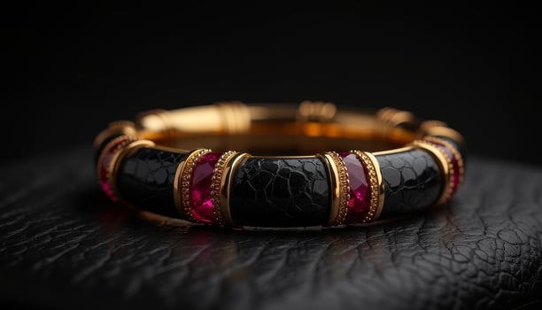 Elegant black and gold bracelet adorned with vibrant gemstones photo