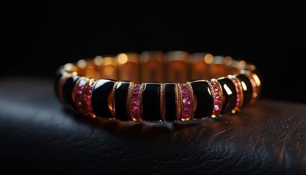 Elegant bracelet showcasing black and pink gemstones with golden accents photo