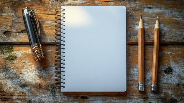 A pen, pencil and notebook are spread out on the table photo