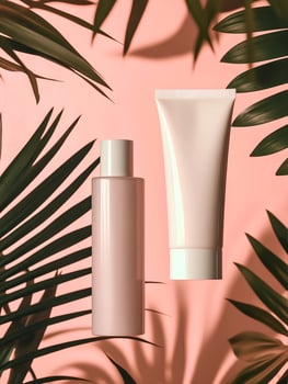 beauty products on a pink background with palm leaves photo