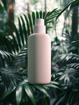 a white plastic bottle sitting on top of some leaves photo