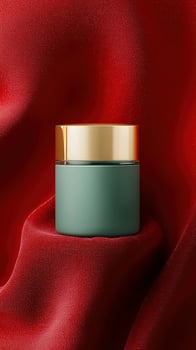 Elegant cosmetic jar on luxurious red fabric showcasing beauty and skincare products. photo