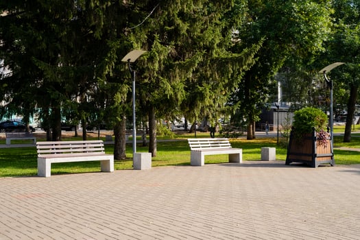 A beautiful, serene row of benches can be found in a lovely park, surrounded by tall, lush trees in the scenic background, providing a peaceful spot for visitors to sit and relax outdoors photo