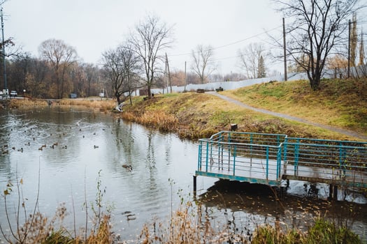 There is a small bridge over a river in the middle of a park photo