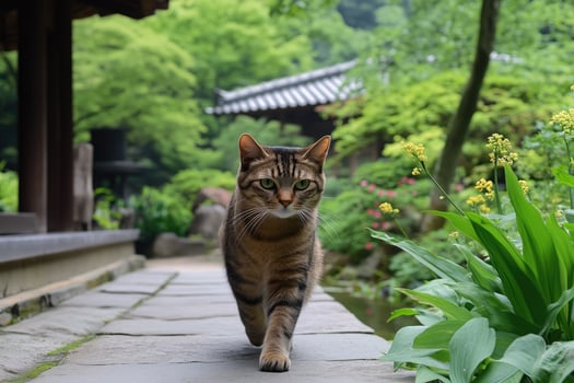 Cat walking in the Japanese garden. Beautiful nature background. photo