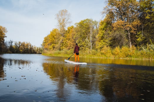 A person is riding a paddle board on a lake photo