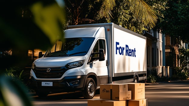 a white van with boxes on the side of the road photo