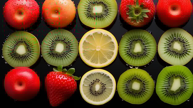 Multicolored fruits on a black background. photo