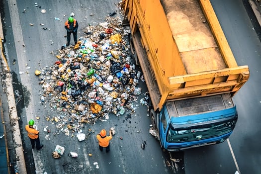 Garbage truck unloading waste on the street with sanitation workers photo