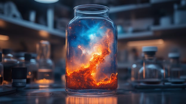 Glass jar with glowing cosmic light effect on a wooden table. Halloween and magical celebration concept photo