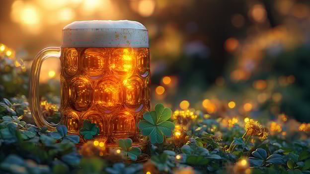Mystical St Patrick Day beer with glowing green effects and clovers. Irish holiday celebration concept. photo
